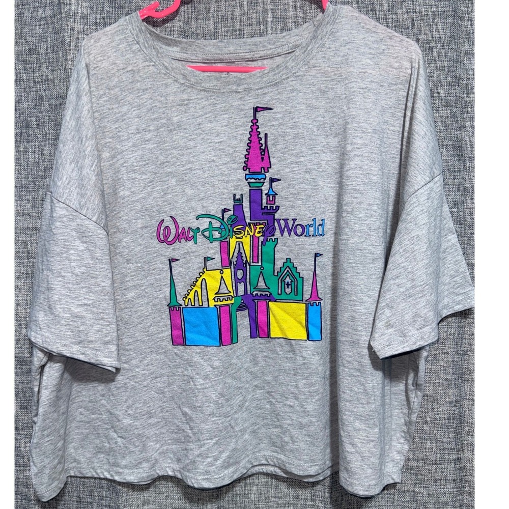 Disney World Gray Graphic T-Shirt XL Oversized Boxy Neon Castle Tee